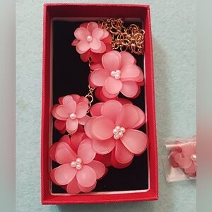 Acrylic Flower Necklace And Earrings, Pink Coral, New